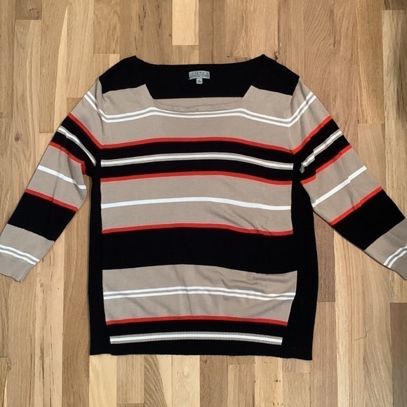 𝅺joseph A Striped Sweater 3/4 Length Sleeve Tan/Black and Orange Women’s XL - Picture 2 of 11